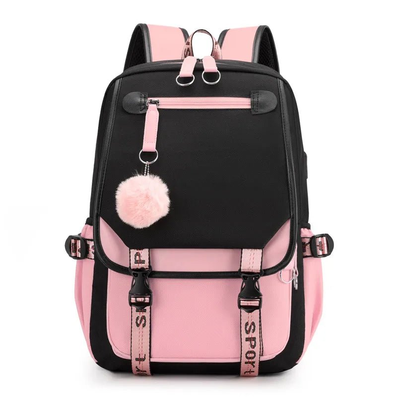 Large USB Canvas School Bag for Teenage Girls: Fashionable Black Pink Backpack
