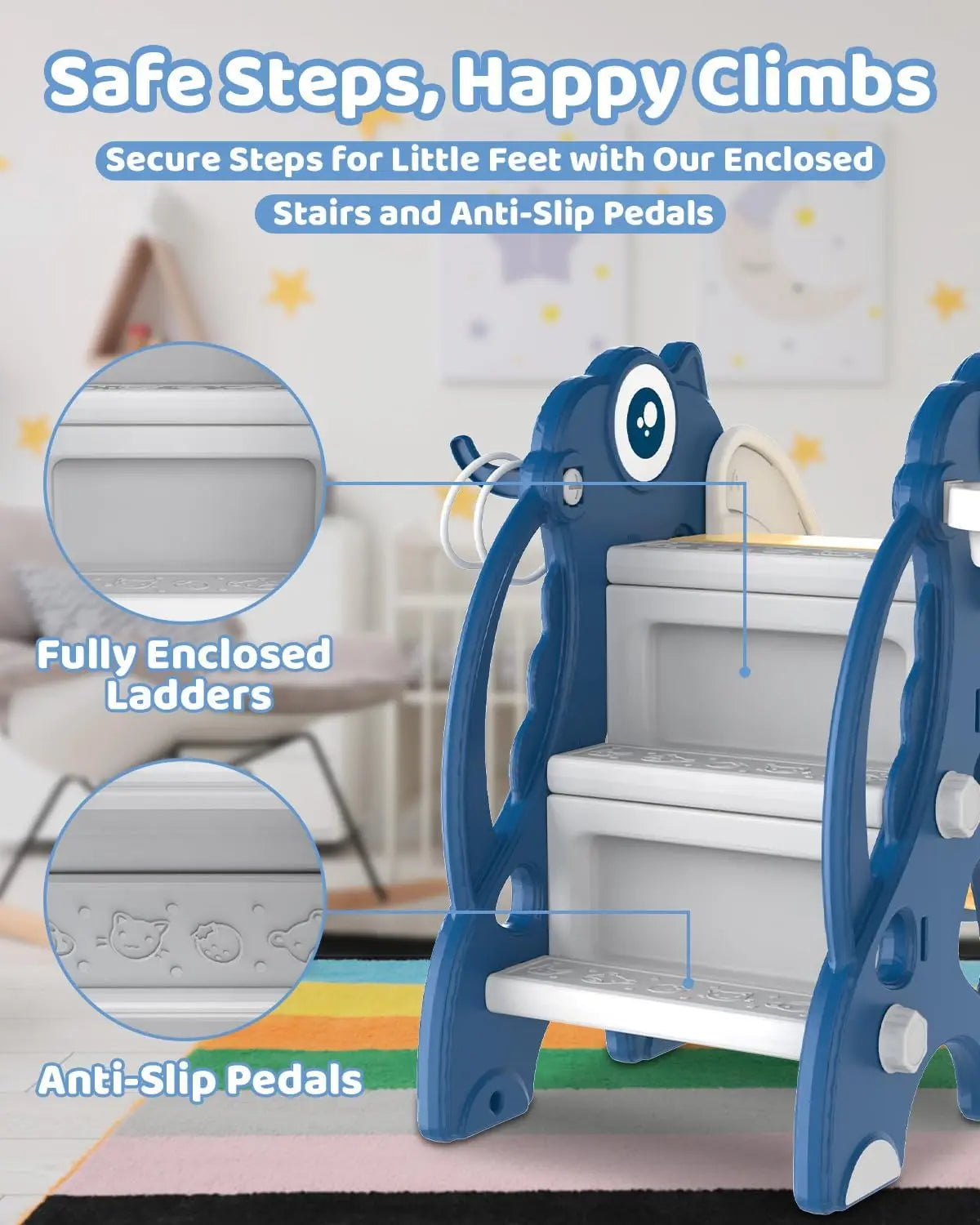 Toddler Slide Playset with Hoop & Ring Toss – Foldable (Blue)