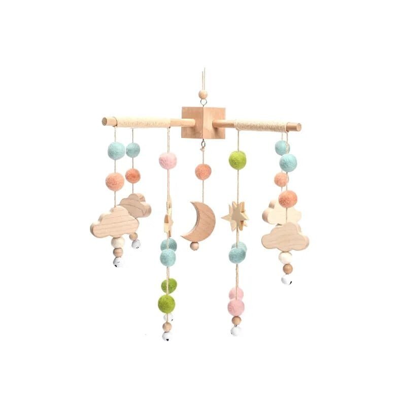 Wooden Baby Rattle & Crib Mobile - Felt Bear, Cloud, Star, Moon