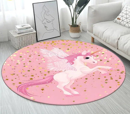 3D Unicorn Cartoon Area Rug - Large Round Non-Slip Mat for Kids