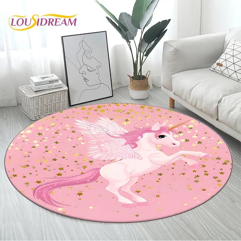 3D Unicorn Cartoon Area Rug - Large Round Non-Slip Mat for Kids