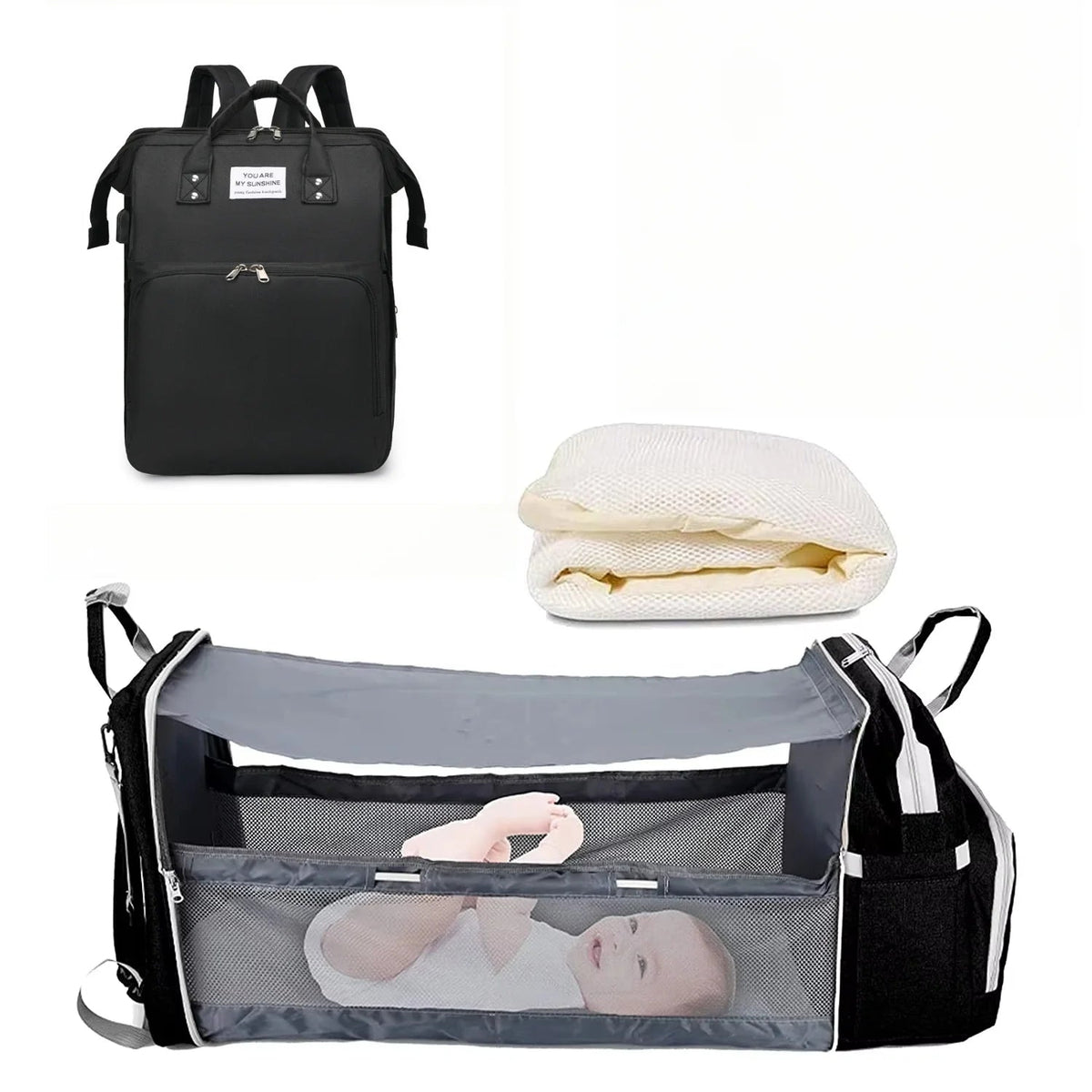 3-in-1 Backpack with Foldable Baby Bed & USB