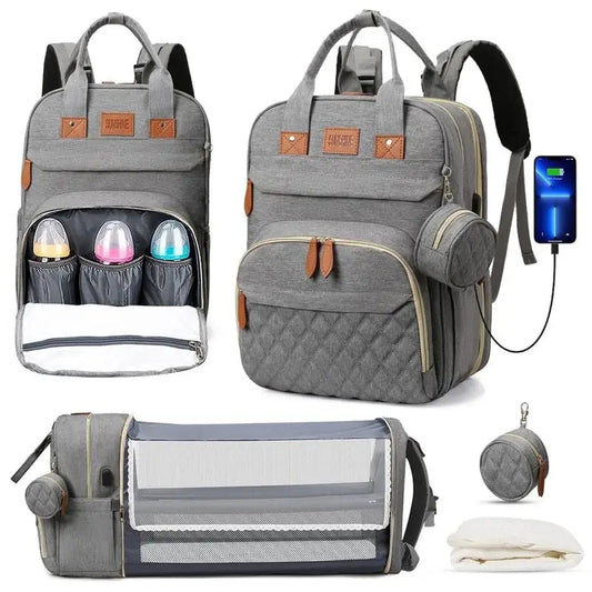 3-in-1 Backpack with Foldable Baby Bed & USB