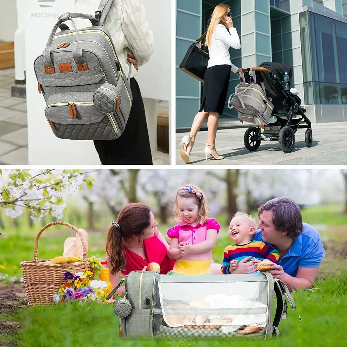 3-in-1 Backpack with Foldable Baby Bed & USB