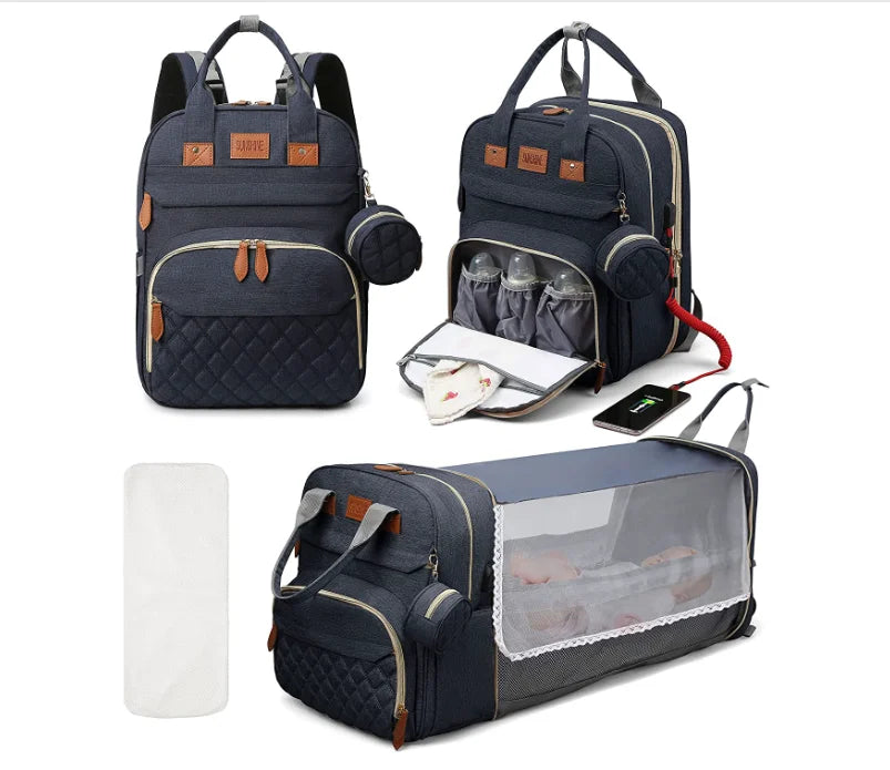 3-in-1 Backpack with Foldable Baby Bed & USB