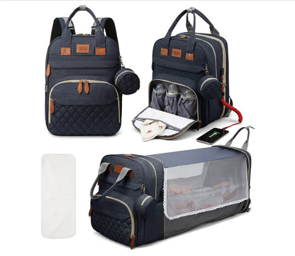 3-in-1 Backpack with Foldable Baby Bed & USB