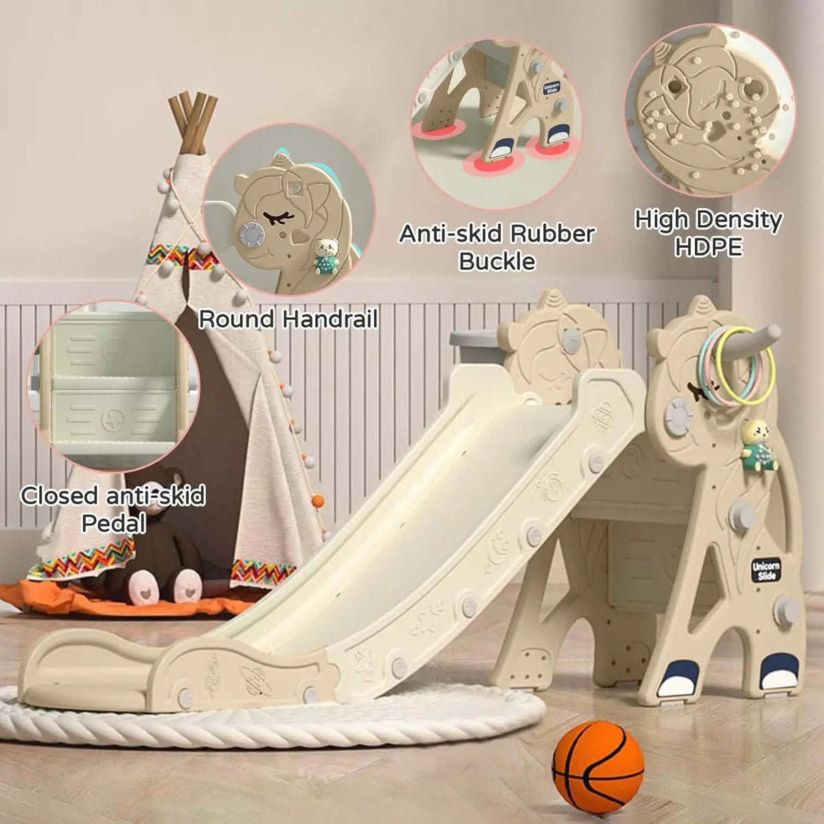 3-in-1 Foldable Toddler Slide with Hoop & Ring Toss