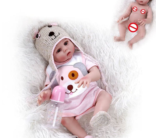 48CM Bebe Doll - Lifelike, Soft Silicone, Pink Dress, Bath Toy