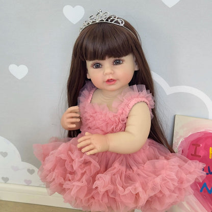 55CM Full Body Reborn Toddler Doll - Soft Silicone, Princess in Pink Dress