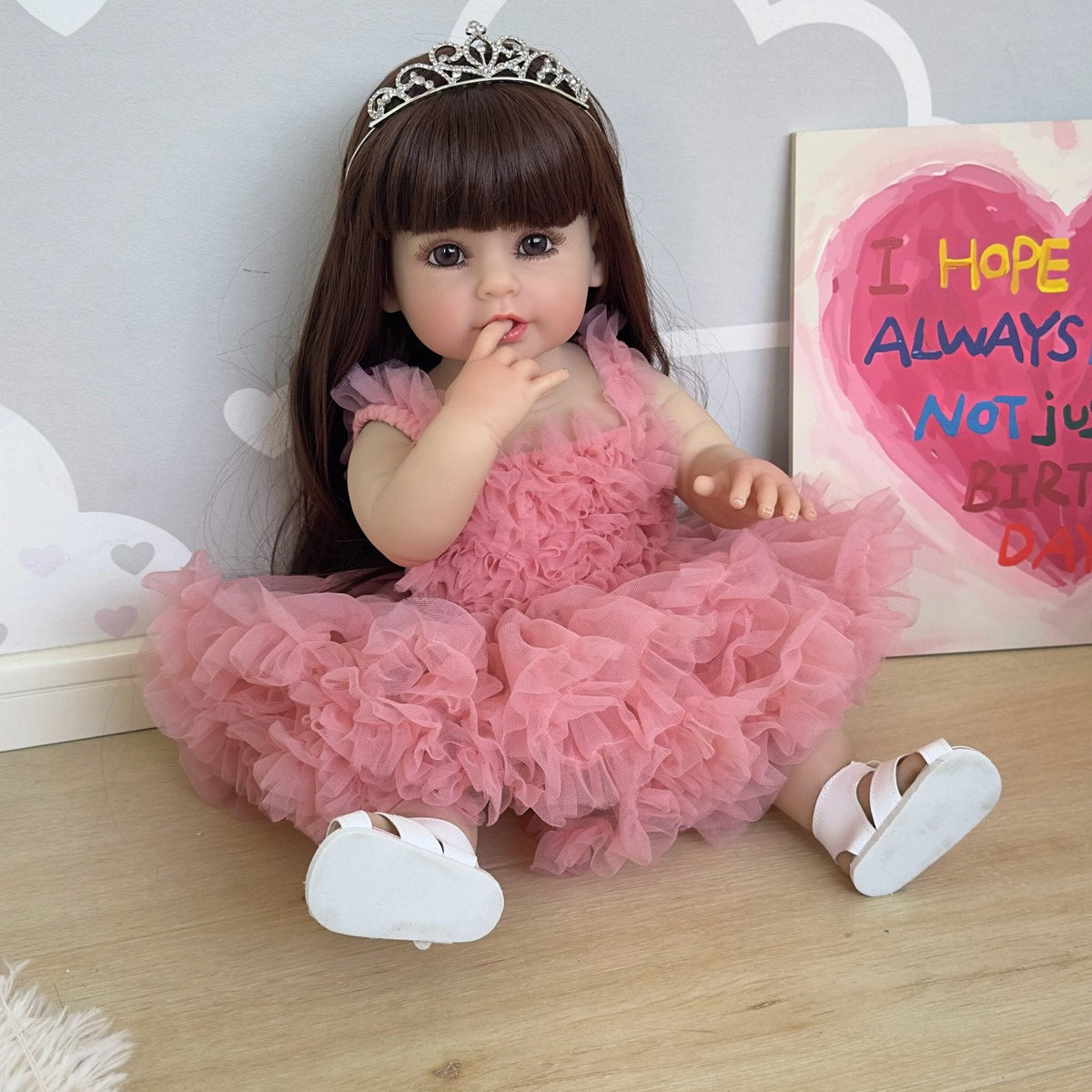 55CM Full Body Reborn Toddler Doll - Soft Silicone, Princess in Pink Dress