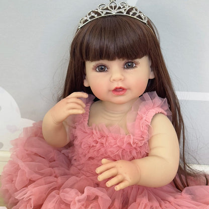 55CM Full Body Reborn Toddler Doll - Soft Silicone, Princess in Pink Dress