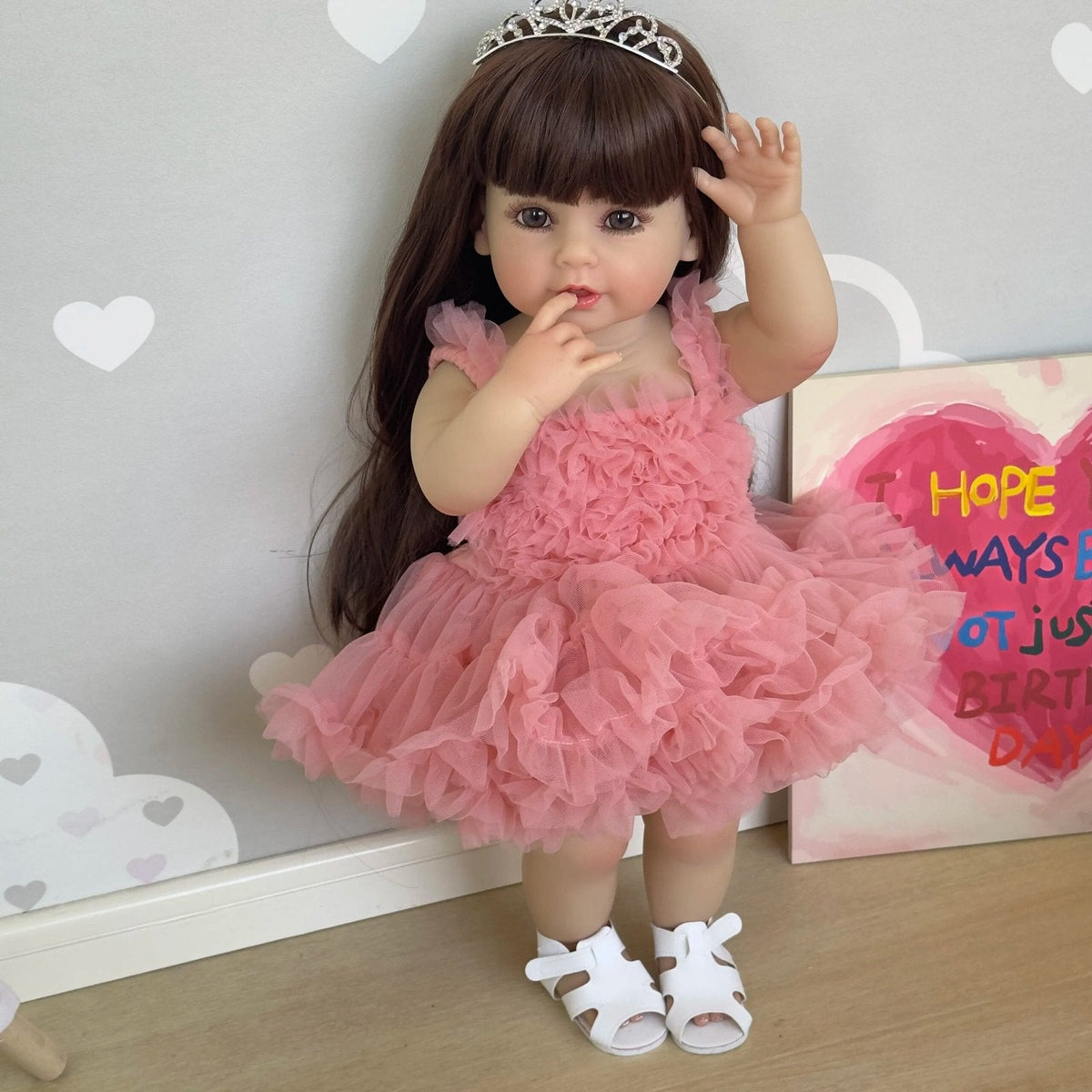 55CM Full Body Reborn Toddler Doll - Soft Silicone, Princess in Pink Dress