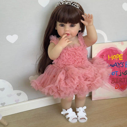 55CM Full Body Reborn Toddler Doll - Soft Silicone, Princess in Pink Dress