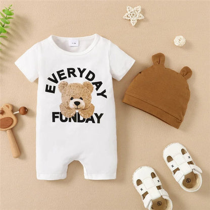 0-12M Boy's Panda Romper & Hat: Summer 2PCS Bodysuit Set