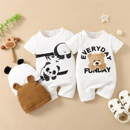 0-12M Boy's Panda Romper & Hat: Summer 2PCS Bodysuit Set