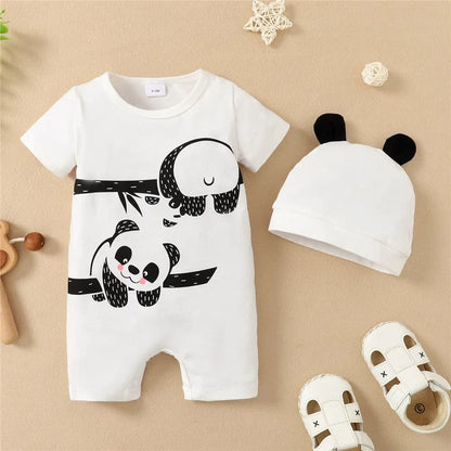 0-12M Boy's Panda Romper & Hat: Summer 2PCS Bodysuit Set