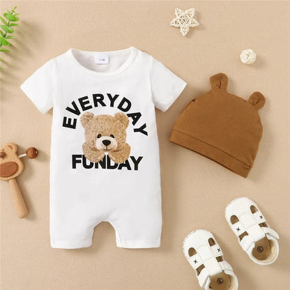 0-12M Boy's Panda Romper & Hat: Summer 2PCS Bodysuit Set