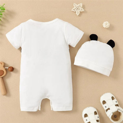 0-12M Boy's Panda Romper & Hat: Summer 2PCS Bodysuit Set