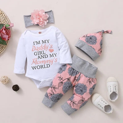 0-18M Baby Girl 4PCS Outfit: Romper, Pant, Hat & Headband
