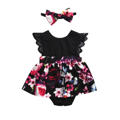0-24M Princess Romper: Floral & Lace with Headband for Summer
