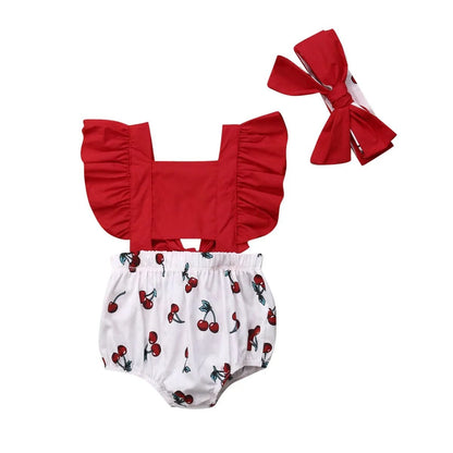 0-18M Cherry Romper Set: Ruffle Backless with Headband