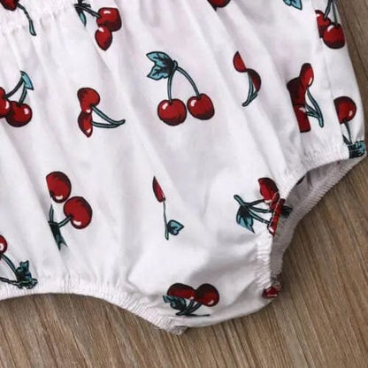 0-18M Cherry Romper Set: Ruffle Backless with Headband
