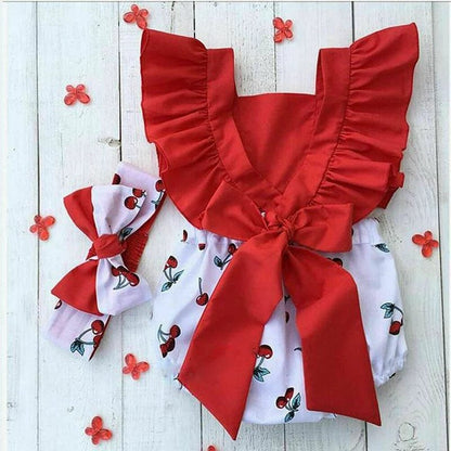 0-18M Cherry Romper Set: Ruffle Backless with Headband
