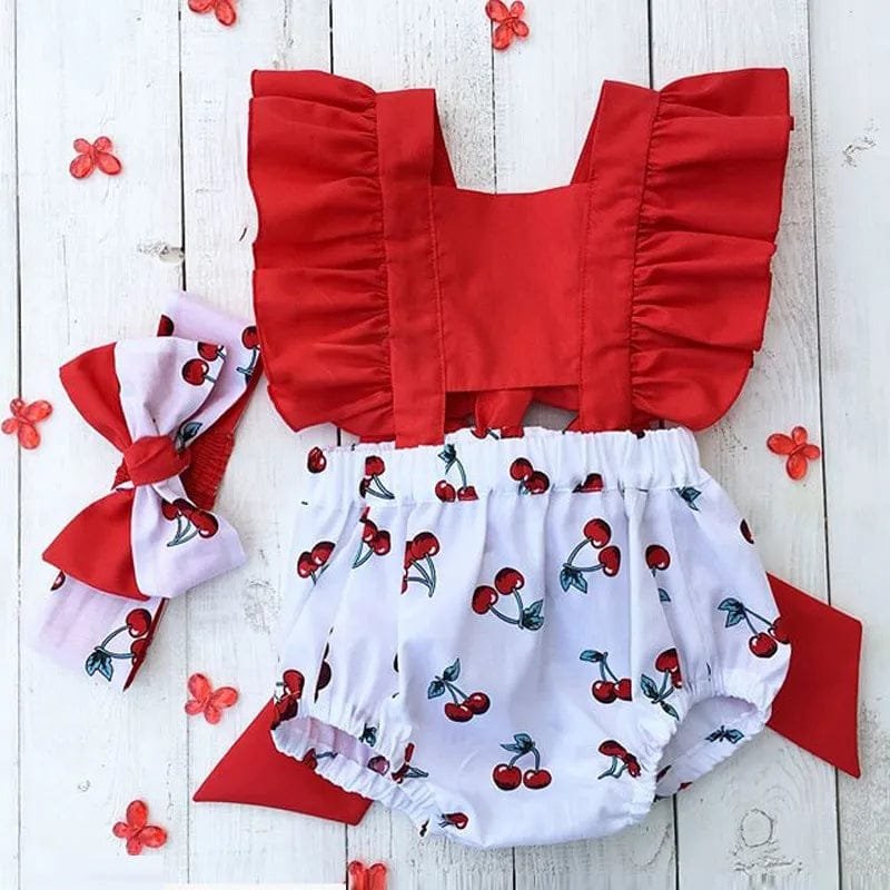 0-18M Cherry Romper Set: Ruffle Backless with Headband