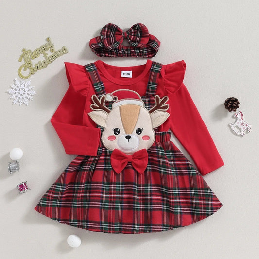 0-18M Xmas Set: Knit Red Romper, Plaid Skirt & Headband