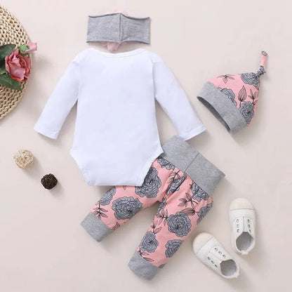0-18M Baby Girl 4PCS Outfit: Romper, Pant, Hat & Headband