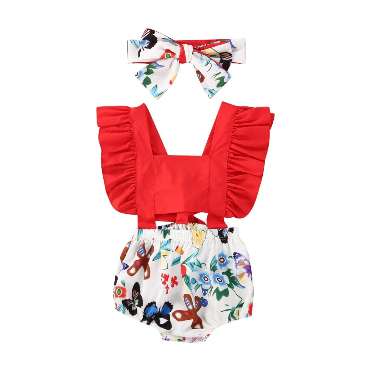 0-18M Cherry Romper Set: Ruffle Backless with Headband