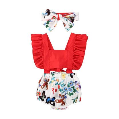 0-18M Cherry Romper Set: Ruffle Backless with Headband