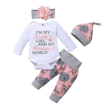 0-18M Baby Girl 4PCS Outfit: Romper, Pant, Hat & Headband