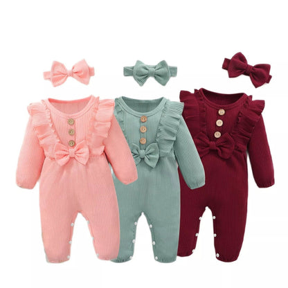 0-3M Baby Girl Outfit: Long-sleeve Romper & Headband Set