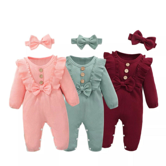 0-3M Baby Girl Outfit: Long-sleeve Romper & Headband Set