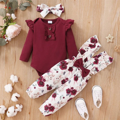 0-18M Red Long-Sleeve Bodysuit & Flower Pants Set - New Year