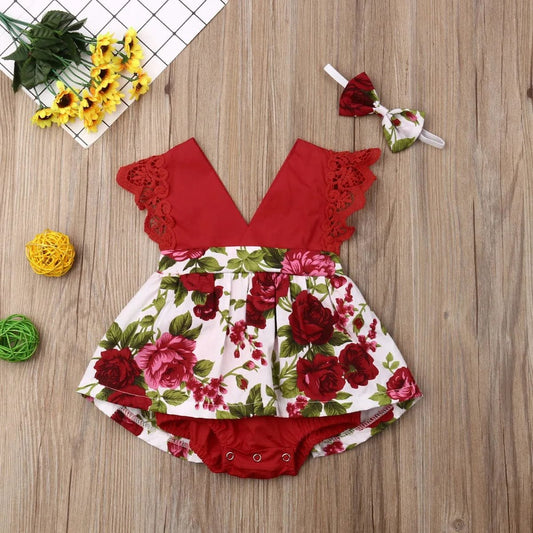 0-24M Princess Romper: Floral & Lace with Headband for Summer
