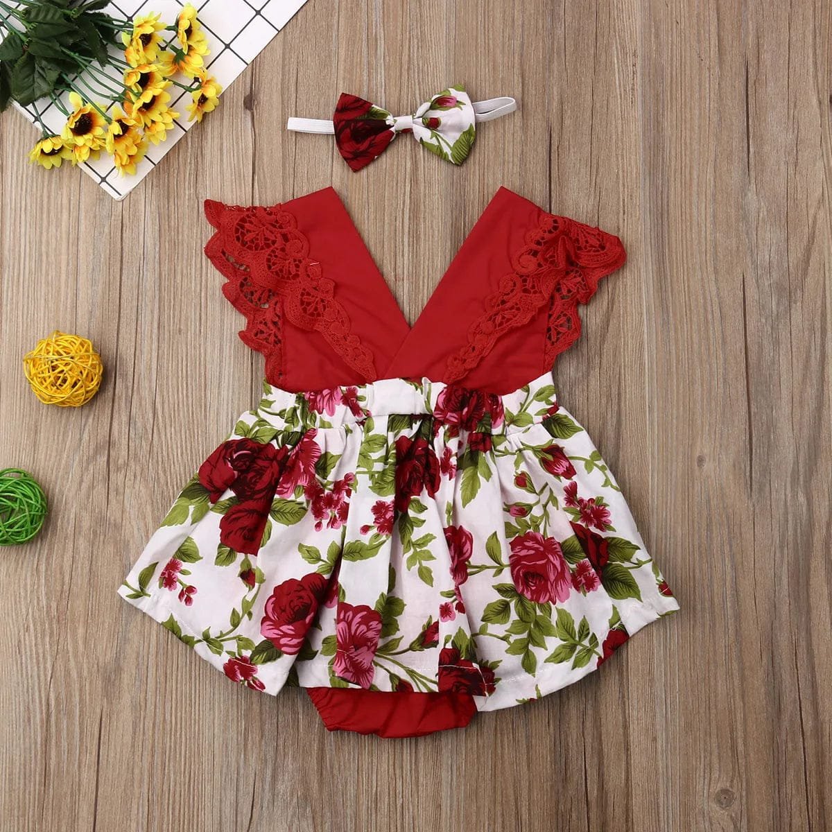 0-24M Princess Romper: Floral & Lace with Headband for Summer