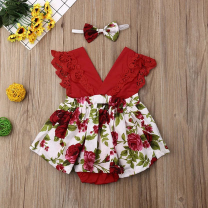 0-24M Princess Romper: Floral & Lace with Headband for Summer