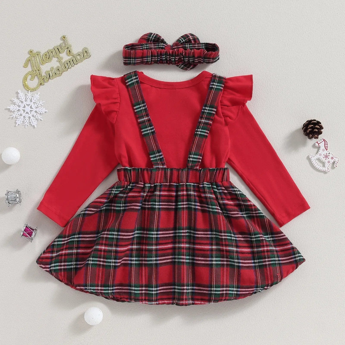 0-18M Xmas Set: Knit Red Romper, Plaid Skirt & Headband