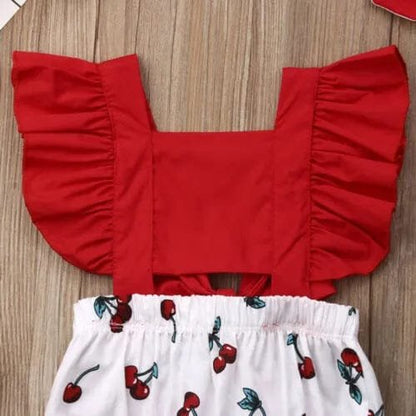 0-18M Cherry Romper Set: Ruffle Backless with Headband