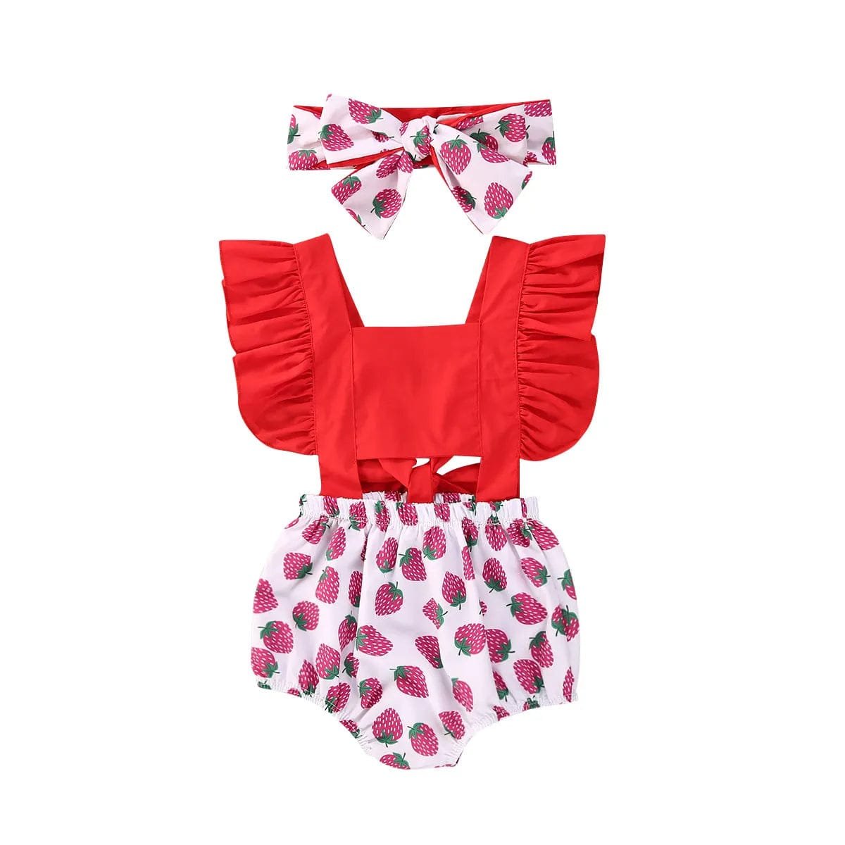 0-18M Cherry Romper Set: Ruffle Backless with Headband
