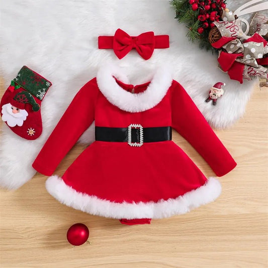 3-24M XMAS Outfit: Velvet Romper Dress & Headband for Babies