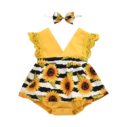 0-24M Princess Romper: Floral & Lace with Headband for Summer