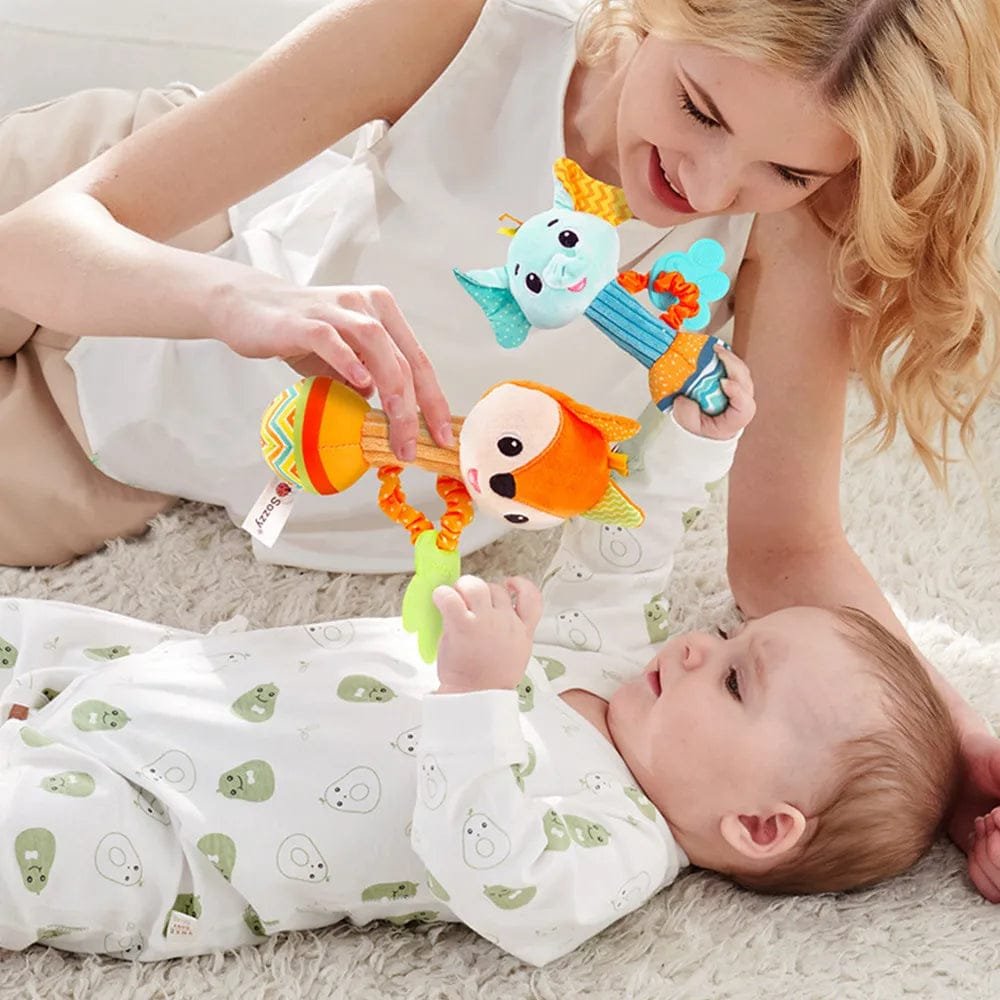 Soft Stuffed Animal Rattles - Sensory Baby Toy with Squeaker