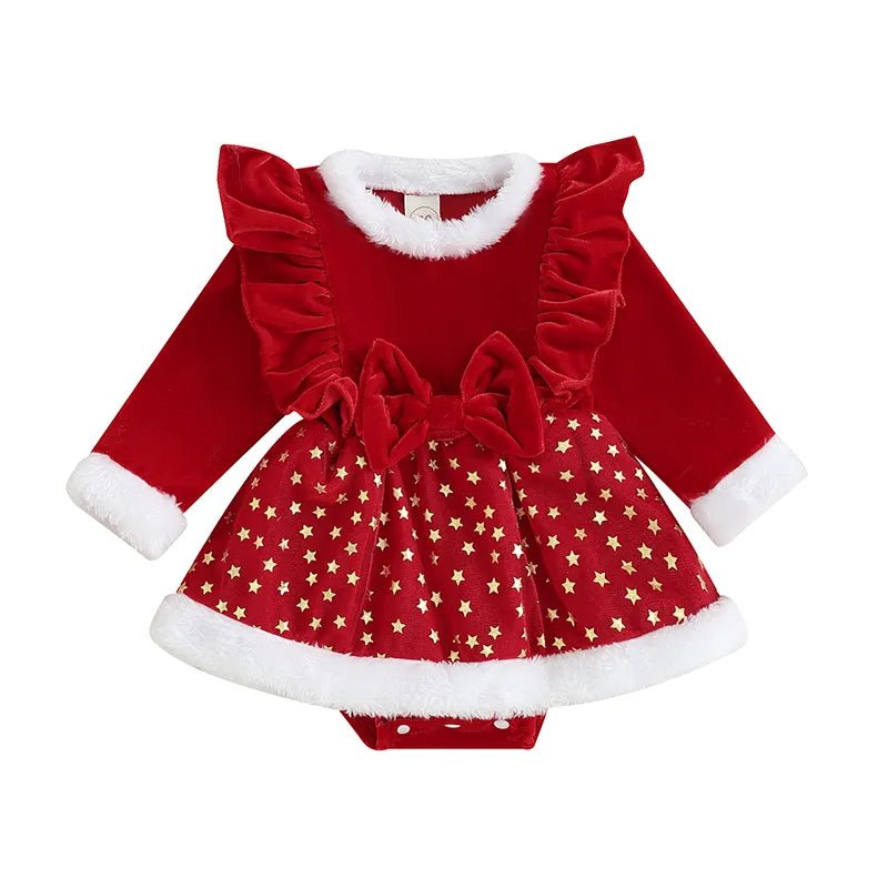 3-24M XMAS Outfit: Velvet Romper Dress & Headband for Babies