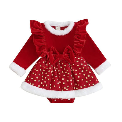 3-24M XMAS Outfit: Velvet Romper Dress & Headband for Babies