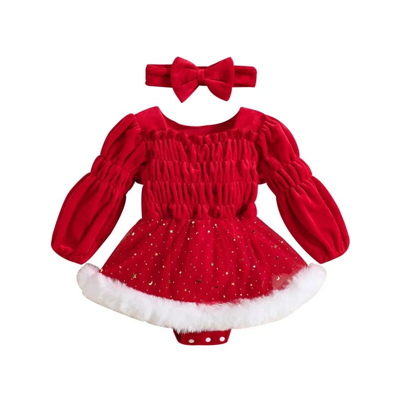 3-24M XMAS Outfit: Velvet Romper Dress & Headband for Babies