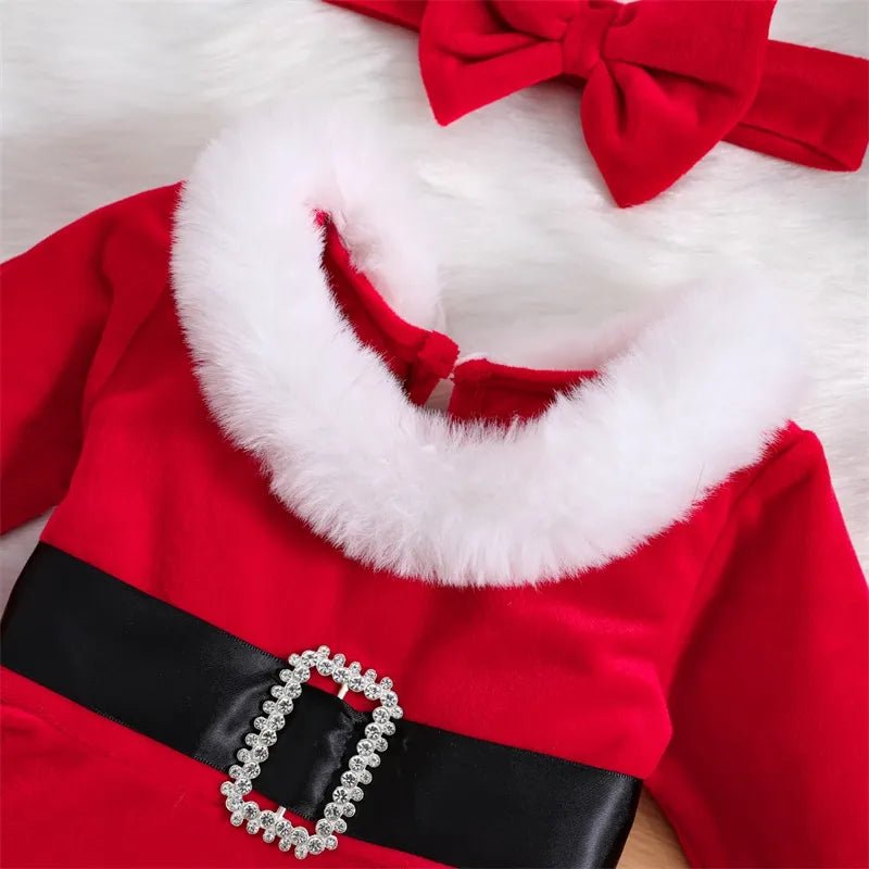 3-24M XMAS Outfit: Velvet Romper Dress & Headband for Babies