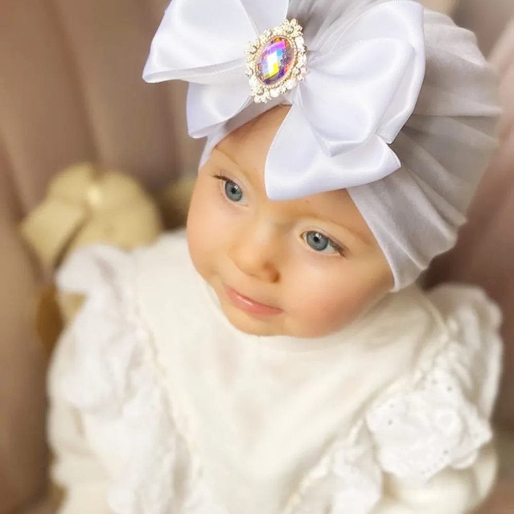 Shiny Rhinestone Bowknot Baby Turban - Soft Cotton Cap